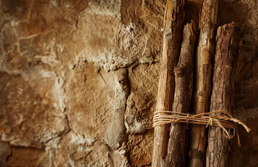 wood logs tied with old rope sitting against a stone wall textured with age - 739636946