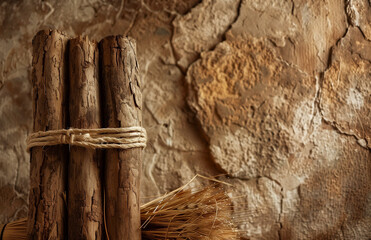wood logs tied with old rope sitting against a stone wall textured with age - 739636971