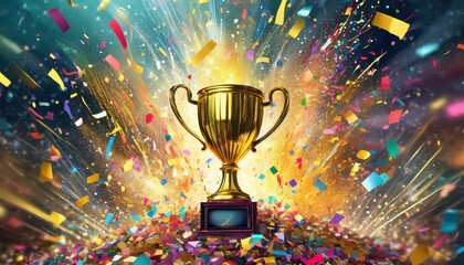 gold trophy cup, gleaming gold winners trophy cup takes center stage, surrounded by a festive explosion of colorful celebration confetti and sparkling glitter, symbolizing victory and success in a com