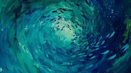 A swirling collage of deep blues and greens featuring undulating shapes that mimic the movements of a school of fish in the vast underwater expanse.