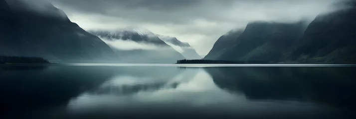 Papier Peint photo Europe du nord Dramatic Fjord Landscape Under a Dynamic Cloud Formation: A Mesmerizing Interaction of Water and Sky