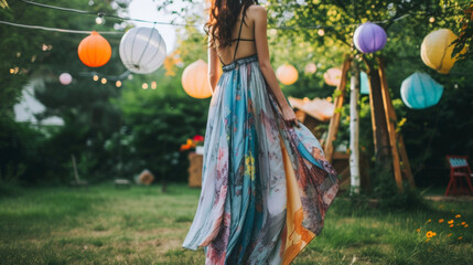 A flowy maxi skirt made from upcycled silk scarves adding a touch of whimsy to a sustainable garden party. - obrazy, fototapety, plakaty