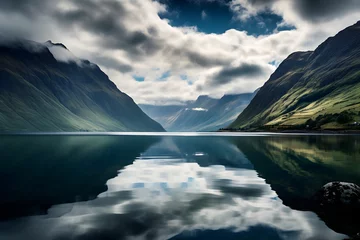 Papier Peint photo Lavable Europe du nord Dramatic Fjord Landscape Under a Dynamic Cloud Formation: A Mesmerizing Interaction of Water and Sky