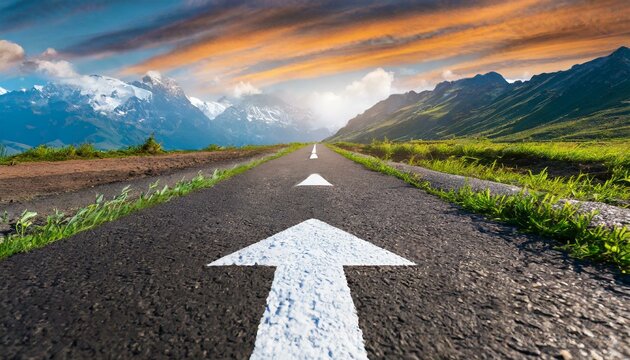 road to the sky wallpaper road in the mountains, asphalt road stretches into the distance with a painted white arrow pointing forward, symbolizing motivation, progress, and the concept of continuous 