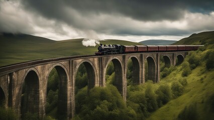 railway bridge over river _A steam train on a high viaduct in the   Highlands. The train is carrying passengers  - obrazy, fototapety, plakaty