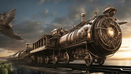 old steam locomotive _A steampunk train that escapes the doom of the world on a floating and submersible railway.   - obrazy, fototapety, plakaty