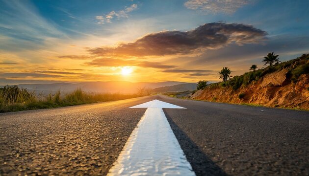 sunset over the road road in the mountains, asphalt road stretches into the distance with a painted white arrow pointing forward, symbolizing motivation, progress, and the concept of continuous growth