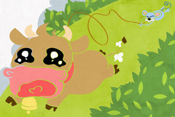 a runaway cow and a rat hanging from a rope