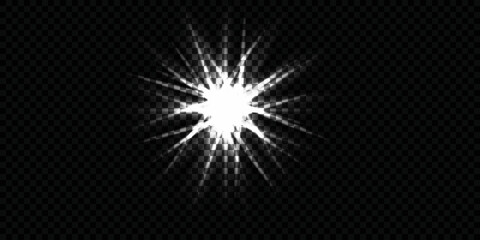 Silver glowing star on transparent backdrop. Magical explosion with star dust. Light effect with magic particles. White energy flash. Silver glitter and glare. Vector illustration