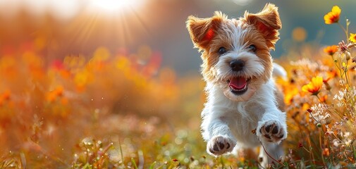 A very little puppy is running happily with floppy ears through a garden with green grass - obrazy, fototapety, plakaty