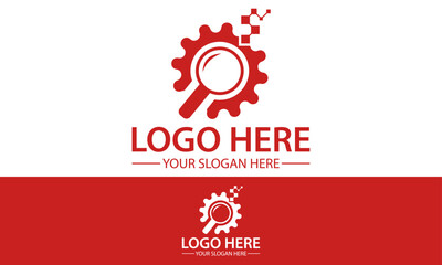 Red Color Gear Magnifying Glass Logo Design