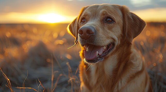 Golden retriever dog standing outdoor in autumn field with beautiful lighting