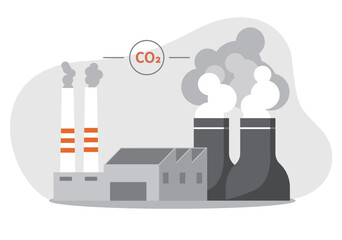 CO2 emissions. Plants with waste, pollution of atmosphere and environment, climate. Smog comes out of pipes, dirty production and manufacture.