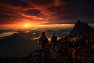 Fototapeta premium Hiker on a Mountain, Beautiful sunset on a Mountain , huge mountain sunset