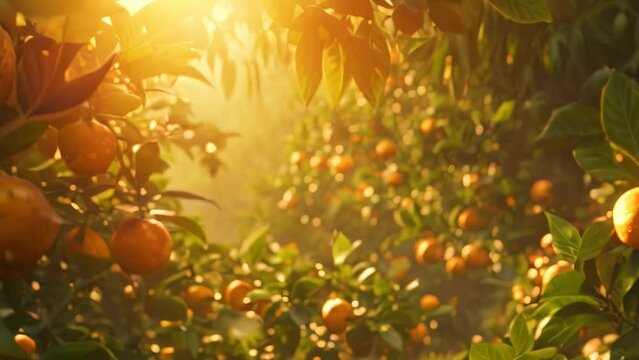 Orange garden in the sun with ripe orange fruit