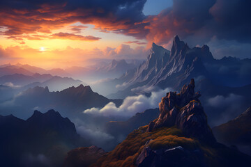 Hiker on a Mountain, Beautiful sunset on a Mountain , huge mountain sunset - obrazy, fototapety, plakaty
