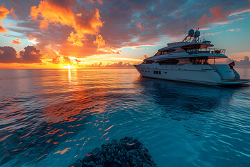 A luxurious yacht sailing on a turquoise ocean under a golden sunset, with a vibrant coral reef.