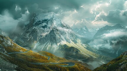 Panoramic Image of Grossglockner Alpine Road. Curvy Winding Road in Alps - obrazy, fototapety, plakaty
