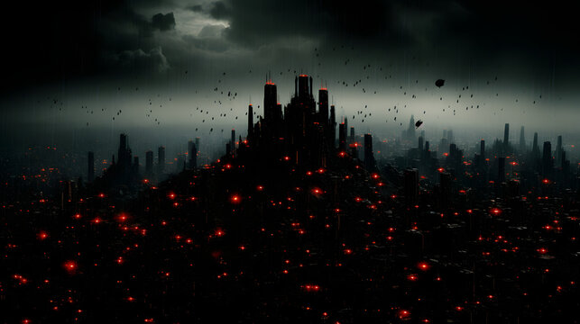 a city with a dark sky and a few large red lights