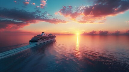 Luxury cruise ship sailing to port on sunrise - obrazy, fototapety, plakaty