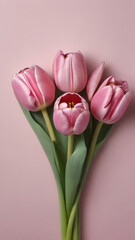 Naklejka premium Photo Of Beautiful Bunch Of Pink Tulips Flowers On Decent Pastel Rose Background The Background Offers Lots Of Space, Text.