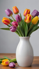 Photo Of Set Of Colorful Tulips, Flowers, Bouquet Of Colorful Tulips In A White Vase, Colorful Tulip Close Up, Isolated On A White Background