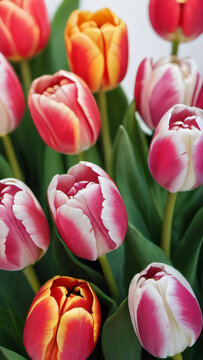 Photo Of Colorful Spring Floral Background, Tulips On A White Background.