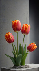 Photo Of Abstract Composition Of Concrete Props And Tulips.