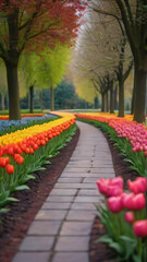 Photo Of A Path Surrounded By Colorful Tulips.