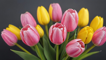 Photo Of Set Of Pink And Yellow Tulips, Flowers, Bouquet Of Pink And Yellow Tulips, Pink Tulip Close Up, Isolated On A White Background