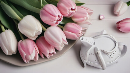 Photo Of Watercolour Drawn Set Of Beautiful Pink And White Tulip Bouquets, Flowers, Butterflies, Watering Cans, Wreath, Heart Decoration.