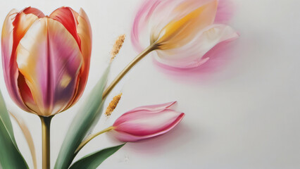 Photo Of Abstract Floral Oil Painting, Gold And Pink Tulip On White Background.