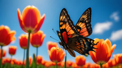 Photo Of Colorful Butterfly On Tulip Flower Against Blue Sky.