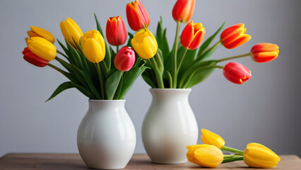 Photo Of Set Of Colorful Tulips, Flowers, White Tulips In A White Vase, Bouquet Of Yellow Tulips