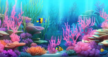 an animated computer game scene with tropical fish in the sea
