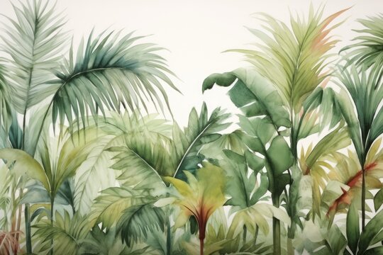 Tropical plants and palm trees, for texture background photo wallpaper or banner. Wallpaper pattern painted in watercolour. Generative AI 