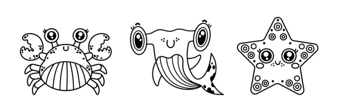 Cute underwater animals vector set. Friendly crab, baby shark fish, smiling starfish. Funny ocean characters, aquarium pets. Black outline, doodle isolated on white. Comic coloring book for kids