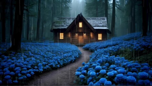 Wooden house with blue roses in the meadow during rain 