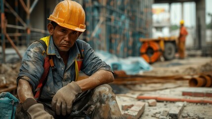 A lone construction worker sits in despair against the backdrop of the construction site. The worker appears disheartened and downtrodden, likely due to inadequate wages or fired.
