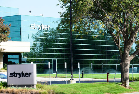 Stryker sign and logo at medical technologies firm Stryker Corporation headquarters - February 2, 2024