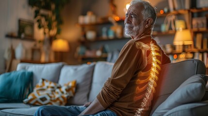 Senior man with back pain at home Spine physical therapist and patient. chiropractic pain relief therapy. Age-related back ache - obrazy, fototapety, plakaty