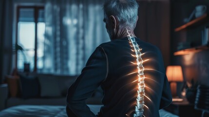 Senior man with back pain at home Spine physical therapist and patient. chiropractic pain relief therapy. Age-related back ache - obrazy, fototapety, plakaty