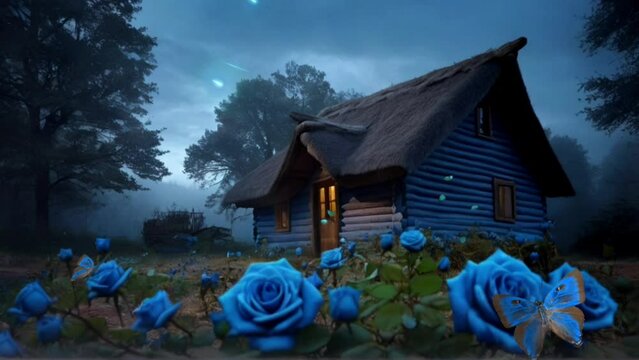 Wooden house with blue roses in the meadow at night 