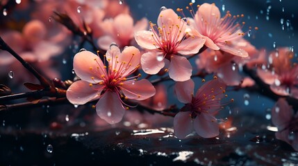 Branch of blossoming tree with pink flowers on rainy day, closeup.
