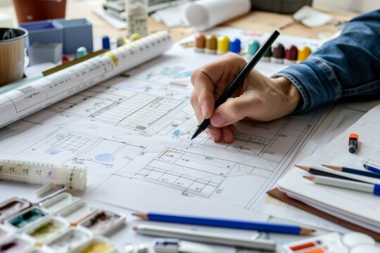 Interior designer or architect, sketching or drawing on desk at home office.