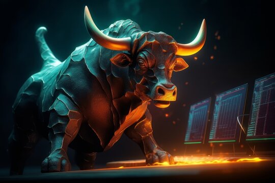 Angry Bull trading with computer, Bullist in Stock market and Crypto currency. Generative AI 