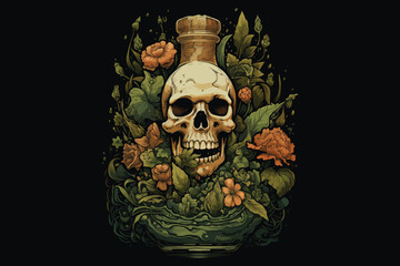 Skull rum vector illustration in bottle for t-shirt - obrazy, fototapety, plakaty