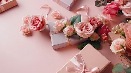 Top View of Valentine day banner design of a collection of Gift box and pink flowers on pink pastel background
