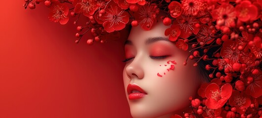 Portrait of a beautiful young asian girl in flowers on her head on a red background