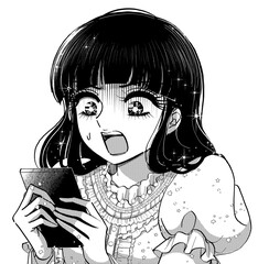 スマホを見てビックリするお嬢様のレトロ白黒イラスト